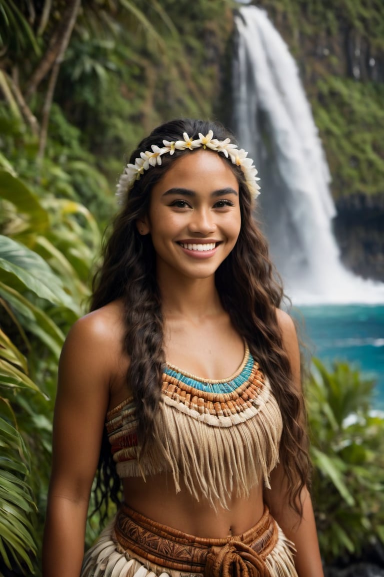 cinematic film still, wide shot of a beautiful 20 year old Polynesian woman  named Moana, smiling, wearing traditional Polynesian clothing; pacific island with waterfall in the background, ambient light, Nikon 15mm f/1.8G, by Alessio Albi, by Annie Leibowitz, by Lee Jeffries