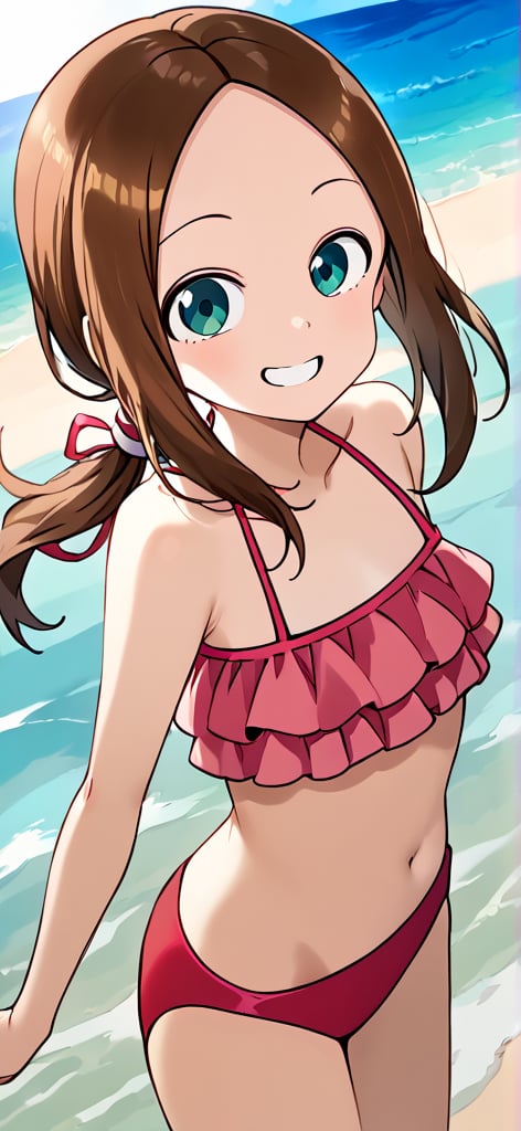 Aged-up Aatakagi stands solo on a sun-kissed beach, her long brown hair tied in a low ponytail with parted bangs framing her bright smile. She wears a frilled pink bikini, exuding relaxation as she gazes out at the vibrant coastal scenery. The camera captures her carefree pose against a backdrop of clear blue sky and turquoise waters, bathed in warm light that accentuates her radiant beauty.