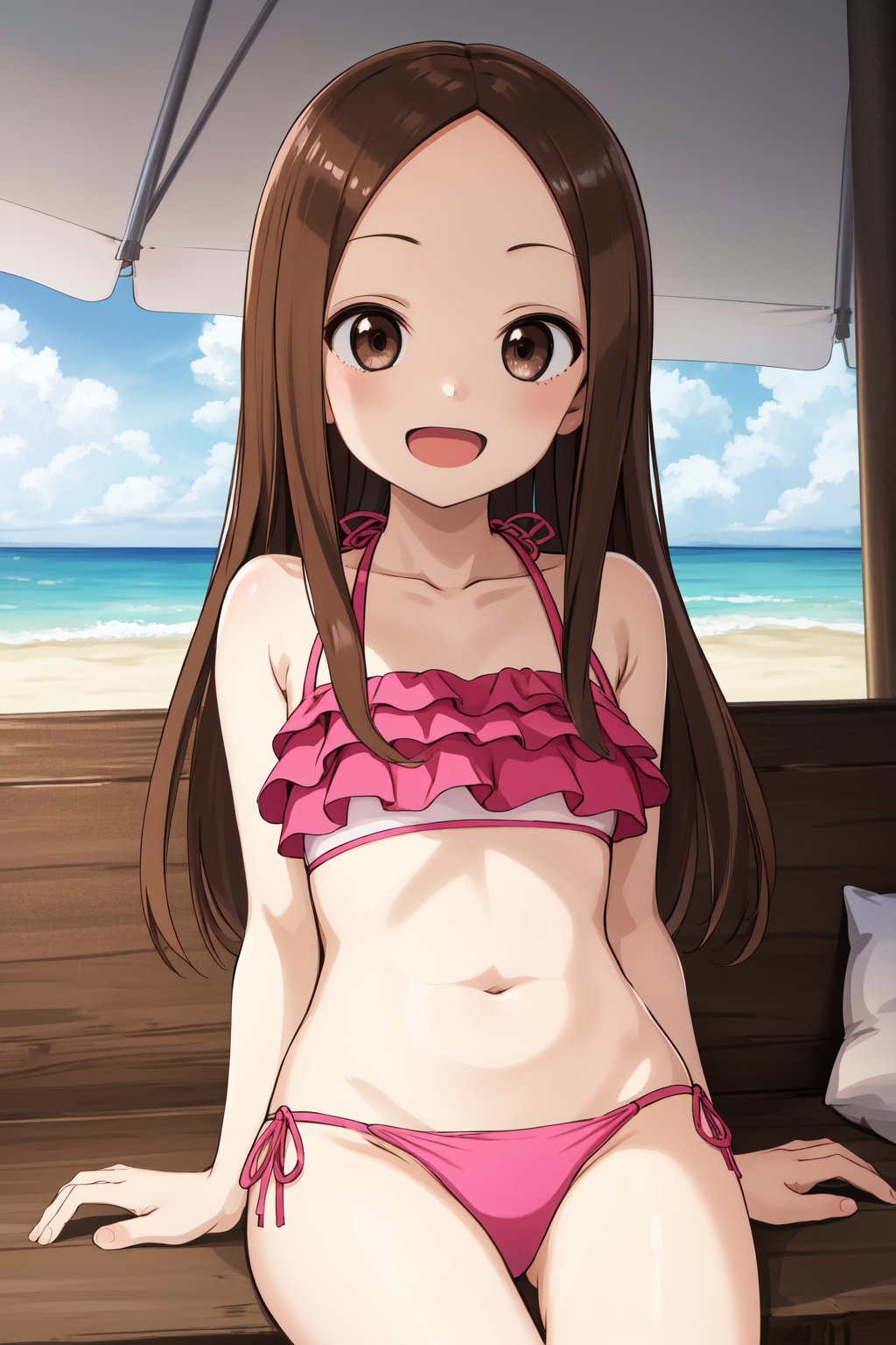 masterpiece, best quality, highres, 1girl, aatakagi, long hair, collarbone, swimsuit, pink bikini, frilled bikini, , beach, cowboy shot, sitting, smile, open mouth,