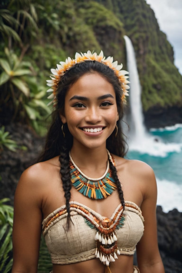 cinematic film still,Portrait of a beautiful 24 year old  polynesian woman named Moana, wearing traditional Polynesian clothing, smiling; pacific island with waterfall in the background, ambient light, Nikon 15mm f/1.8G, by Alessio Albi, by Annie Leibowitz, by Lee Jeffries