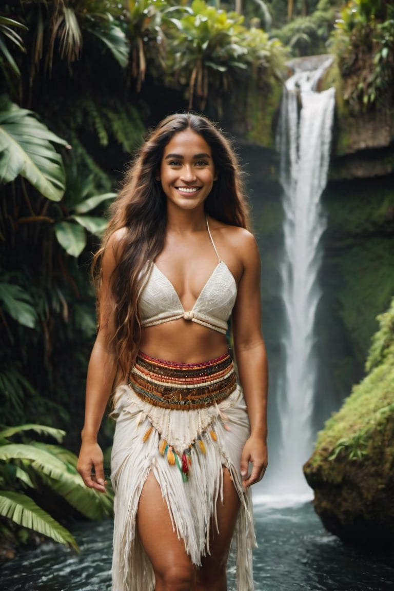 cinematic film still,Portrait of a 30 year old beautiful polynesian woman named Moana, transforming into a handsome man with long hair, smiling, wearing traditional Polynesian clothing, full body, walking out of waterfall; pacific island with waterfall in the background, ambient light, Nikon 15mm f/1.8G, by Alessio Albi, by Annie Leibowitz, by Lee Jeffries