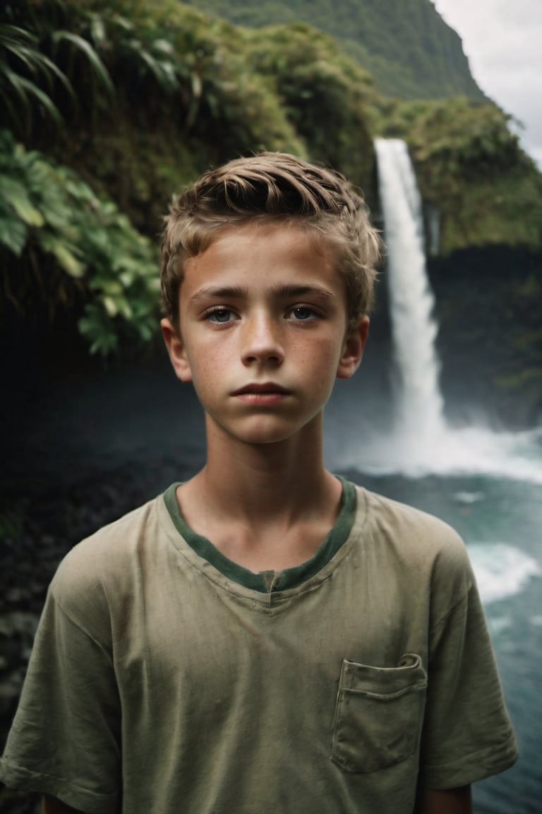 cinematic film still,Portrait of a 15 year old Irish American boy named Steve; pacific island with waterfall in the background, ambient light, Nikon 15mm f/1.8G, by Alessio Albi, by Annie Leibowitz, by Lee Jeffries