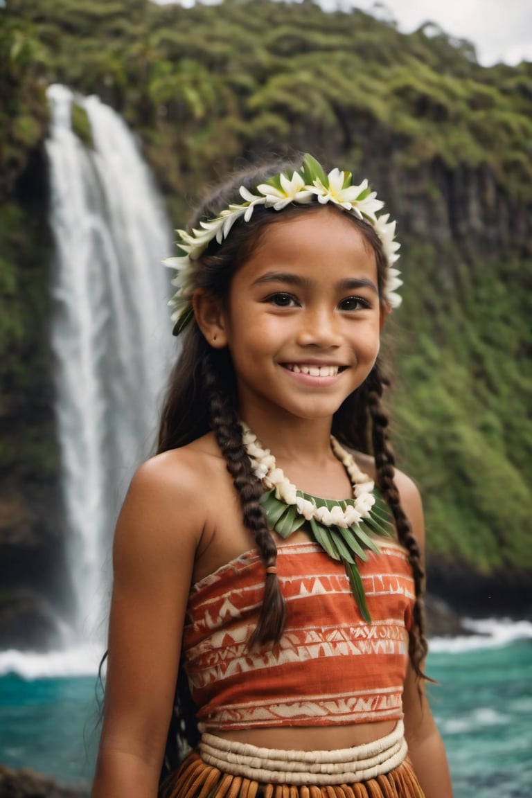 cinematic film still,Portrait of a 10 year old  polynesian girl named Moana, wearing traditional Polynesian clothing, smiling, closed mouth, looking to side at Steve; pacific island with waterfall in the background, ambient light, Nikon 15mm f/1.8G, by Alessio Albi, by Annie Leibowitz, by Lee Jeffries