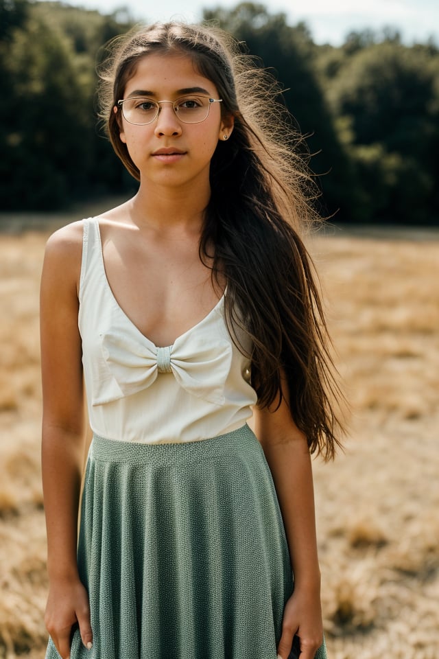 a 12 year old Latina girl, (((12yo))), cute preteen girl with dark brown hair, tied back in a ponytail, and expressive eyes, with round glasses. She has a slender figure, Full body, brown eyes, her expression is tough but calm, a natural elegance in her bearing. Rosa is a strong and determined girl, just like her mother. She is passionate and loving, but can also be stubborn. She has a major crush on her childhood friend 13 year old Irish American boy named Zach. She dresses in clothing, ((a long dress and a long skirt)), 1girl, full body, masterpiece, best quality, high resolution, 8K, HDR, bloom, raytracing, detailed shadows, bokeh, depth of field, film photography, film grain, glare, (wind:0.8), detailed hair, ultra detailed eyes, cinematic lighting, (hyperdetailed:1.15),