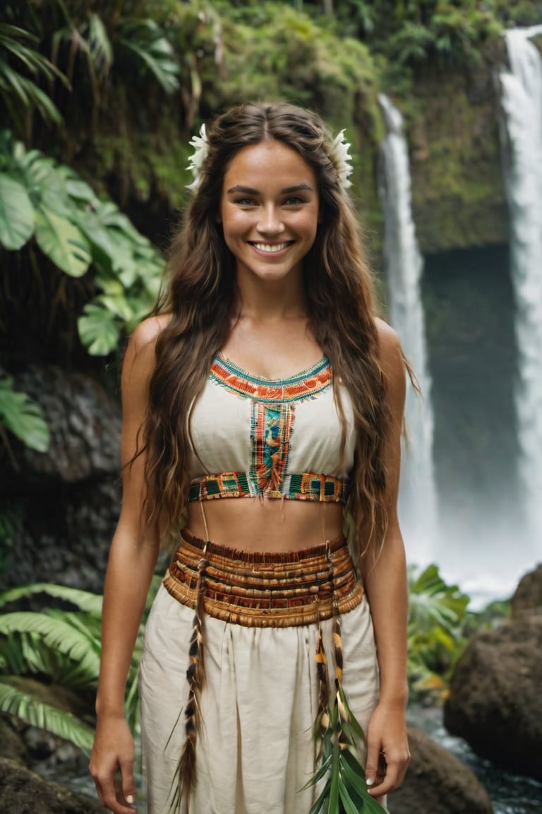 cinematic film still, full shot of 25 year old Caucasian Irish American woman named Stephanie, wearing traditional Polynesian clothing, long hair, smiling; pacific island with waterfall in the background, ambient light, Nikon 15mm f/1.8G, by Alessio Albi, by Annie Leibowitz, by Lee Jeffries