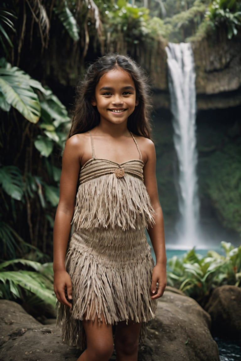 cinematic film still,Portrait of a 10 year old polynesian girl, happy, full body; pacific island with waterfall in the background, ambient light, Nikon 15mm f/1.8G, by Alessio Albi, by Annie Leibowitz, by Lee Jeffries