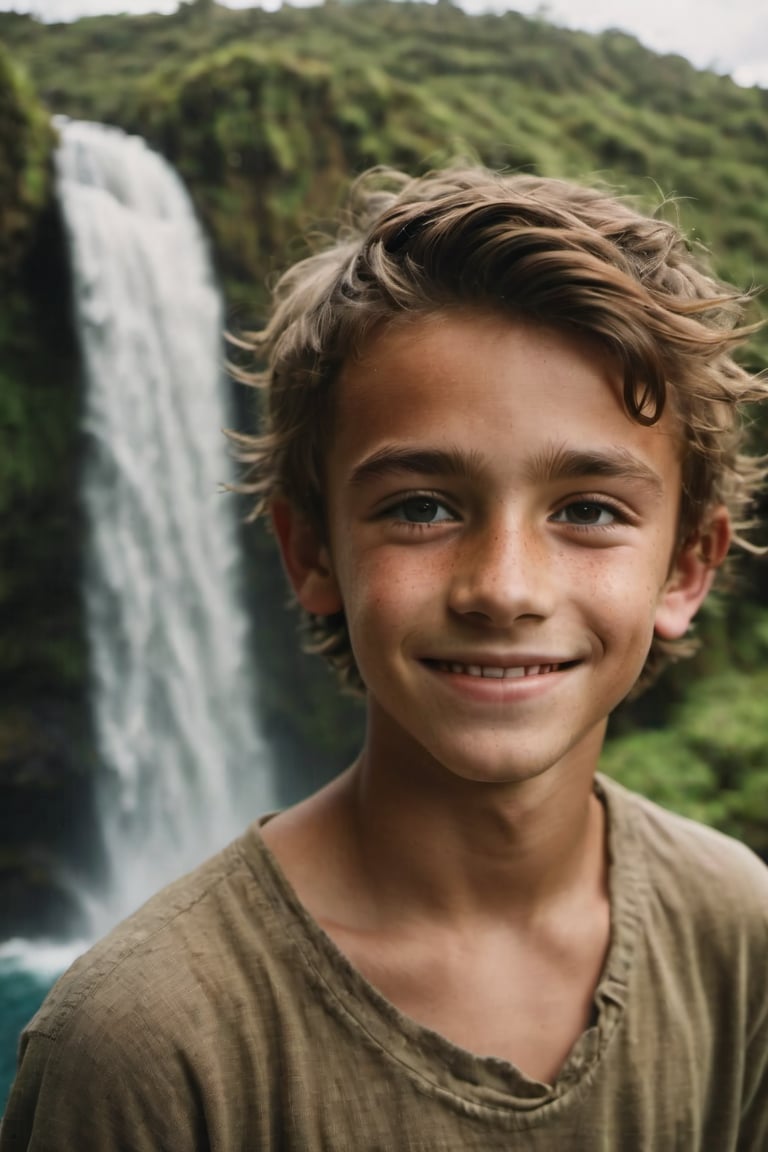 cinematic film still,Portrait of a 15 year old Irish American boy, smiling, looking to left side at moana; pacific island with waterfall in the background, ambient light, Nikon 15mm f/1.8G, by Alessio Albi, by Annie Leibowitz, by Lee Jeffries