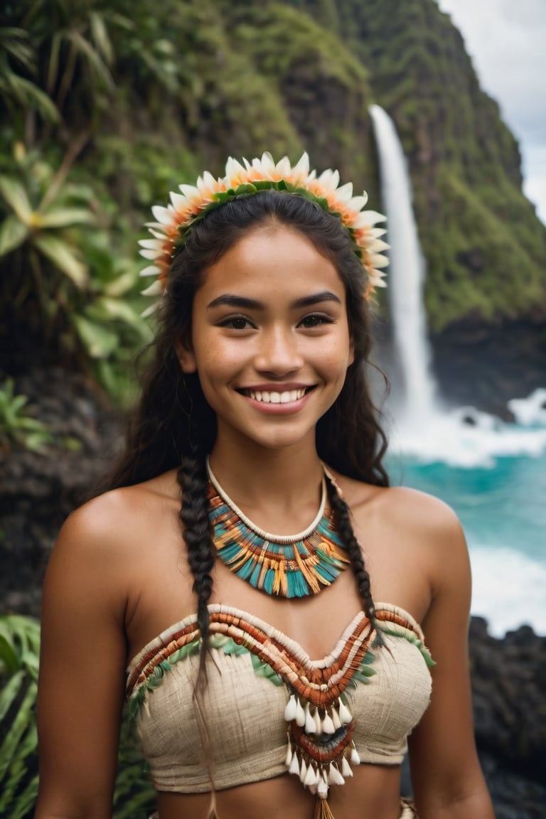 cinematic film still,Portrait of a beautiful 20 year old  polynesian woman named Moana, wearing traditional Polynesian clothing, smiling; pacific island with waterfall in the background, ambient light, Nikon 15mm f/1.8G, by Alessio Albi, by Annie Leibowitz, by Lee Jeffries