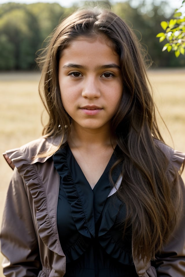 a 12 year old latin girl, (((12yo))),  girl with dark brown hair, and expressive eyes,Full body, light brown eyes, her expression is tough but calm, a natural elegance in her bearing. Rosa is a strong and determined woman, just like her mother. She is passionate and loving, but can also be stubborn and stubborn. She has a crush on her childhood friend named Zach. She usually dresses in comfortable but elegant clothing, (((a jacket, Blouse with ruffles and a long skirt))), (((full body))), (totale dark background), 1girl, masterpiece, best quality, high resolution, 8K, HDR, bloom, raytracing, detailed shadows, bokeh, depth of field, film photography, film grain, glare, (wind:0.8), detailed hair, beautiful face, beautiful girl, ultra detailed eyes, cinematic lighting, (hyperdetailed:1.15), , little_cute_girl, 1girl), , little_cute_girl, 1girl, rural classroom