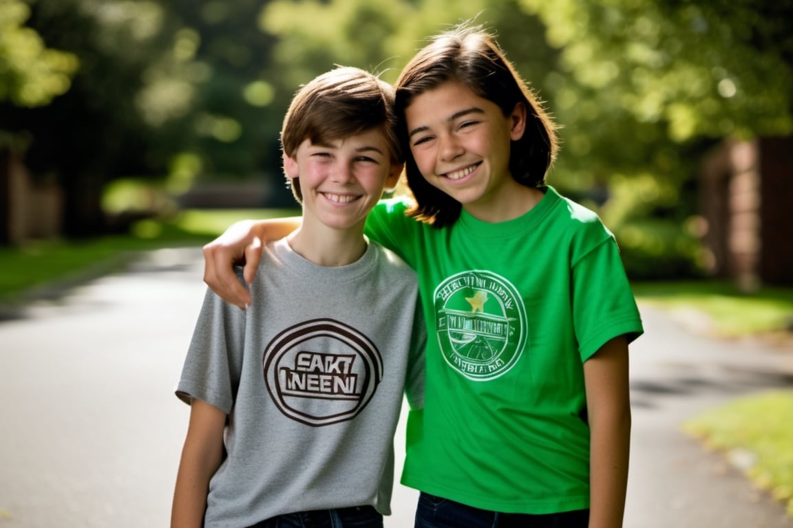14 year old Irish American boy with very short brown hair wearing a t shirt, with his best friend who is a 13 year old Asian American female tomboy with very short hair, arms around each other,