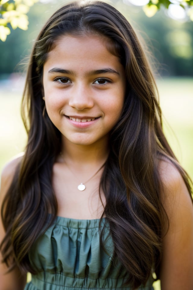 a 12 year old old  Latina girl, (((12yo))),  cute, preteen girl with dark brown hair, and expressive eyes. She has a slender figure, light brown eyes, her expression joyful, open smile, a natural elegance in her bearing. Rosa is a strong and determined girl, just like her mother. She is passionate and loving, but can also be stubborn and stubborn. She has a major crush on her childhood friend named Zach. She cares deeply about family tradition. She usually dresses in comfortable clothing, (((a long dress and a long skirt))), (((full body))), (totale dark background), standing outside at a park, 1girl, masterpiece, best quality, high resolution, 8K, HDR, bloom, raytracing, detailed shadows, bokeh, depth of field, film photography, film grain, glare, (wind:0.8), detailed hair, beautiful face, beautiful girl, ultra detailed eyes, cinematic lighting, (hyperdetailed:1.15)