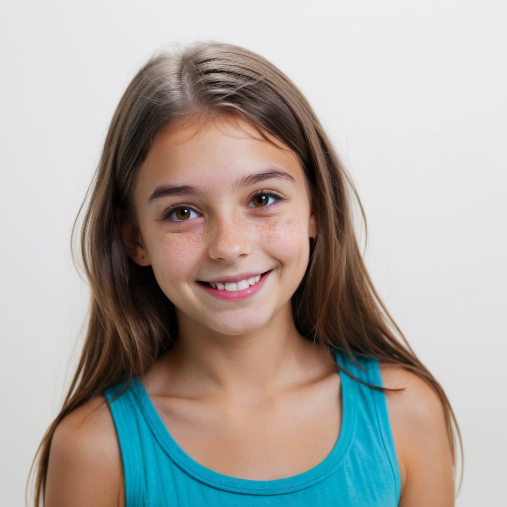 young girl smiling in front od the camera, long brown hair, vivid colors and ultra-HD quality, white background. 