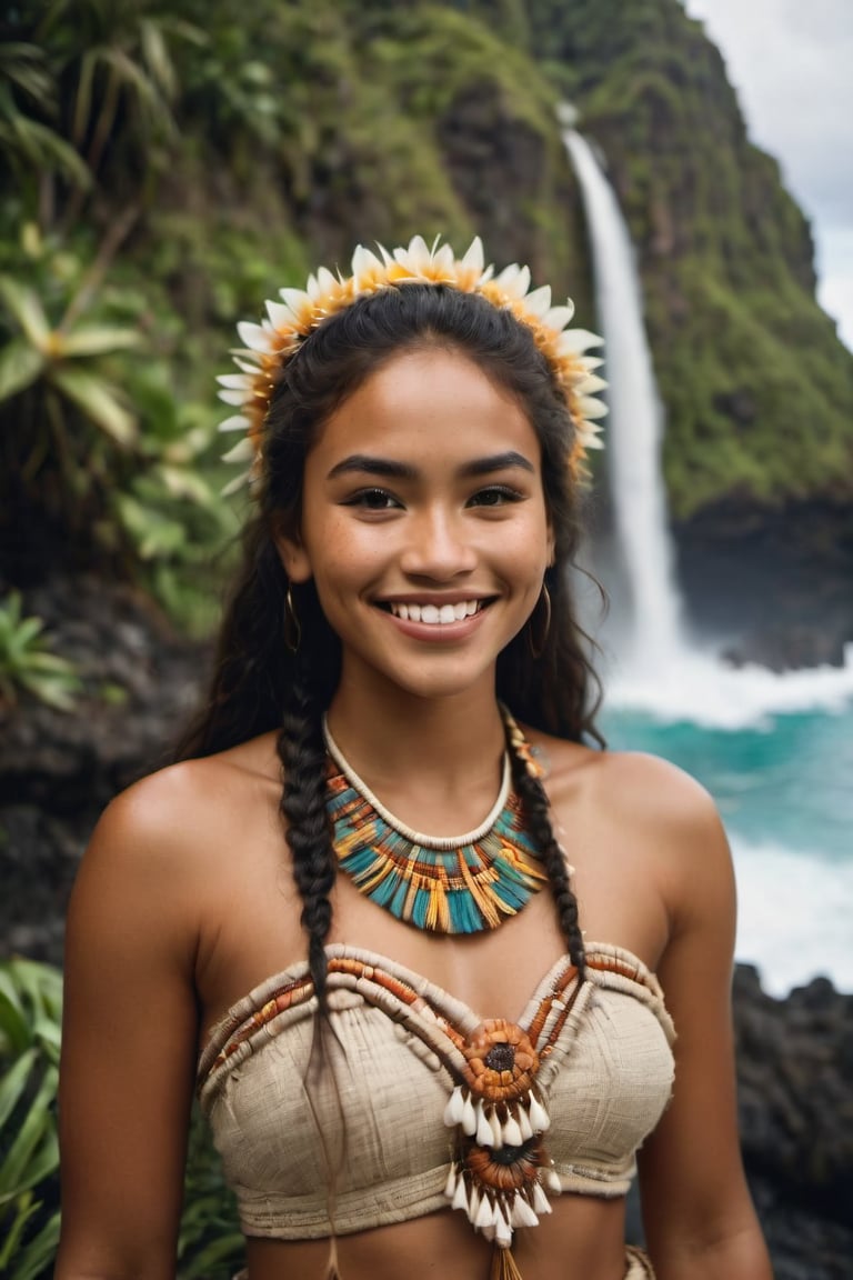 cinematic film still,Portrait of a beautiful 22 year old  polynesian woman named Moana, wearing traditional Polynesian clothing, smiling; pacific island with waterfall in the background, ambient light, Nikon 15mm f/1.8G, by Alessio Albi, by Annie Leibowitz, by Lee Jeffries