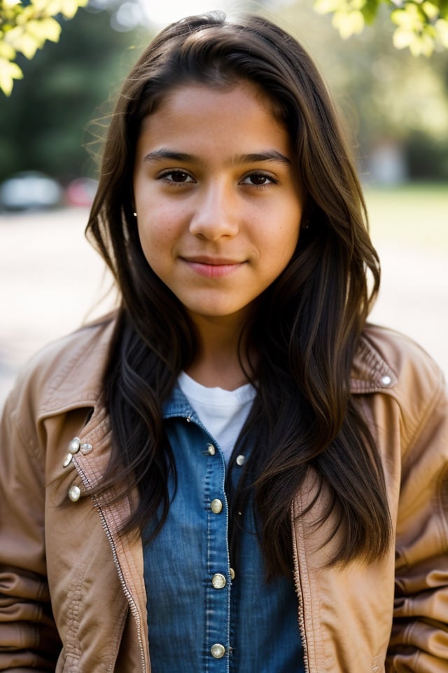 a 12 year old latin girl, (((12yo))),  girl with dark brown hair, and expressive eyes,Full body, light brown eyes, her expression is happy, a natural elegance in her bearing. She is slender and has legs  Rosa is a strong and determined girl, just like her mother. She is passionate and loving, but can also be stubborn and stubborn. She has a crush on her childhood friend named Zach. She usually dresses in feminine clothing, (((a jacket, shirt and pants))), 1girl, masterpiece, best quality, high resolution, 8K, HDR, bloom, raytracing, detailed shadows, bokeh, depth of field, film photography, film grain, glare, (wind:0.8), detailed hair, beautiful face, beautiful girl, ultra detailed eyes, cinematic lighting, (hyperdetailed:1.15),