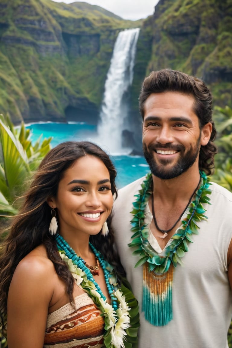 Two people, Moana, a vibrant 30-year-old Polynesian woman, stands confidently on the lush Pacific island, her dark hair blowing gently in the breeze. She wears a traditional grass skirt and beaded necklace, her bright smile radiating warmth. In the distance, a majestic waterfall cascades down rocky cliffs, misting the air with crystalline droplets. With Steve, 30 years old and of Irish American descent, stands beside Moana, his rugged features a stark contrast to her exotic beauty. Together they gaze out at the turquoise sea, their bodies angled towards each other, as if sharing a secret or making a plan. Nikon 15mm f/1.8G, by Alessio Albi, by Annie Leibowitz, by Lee Jeffries