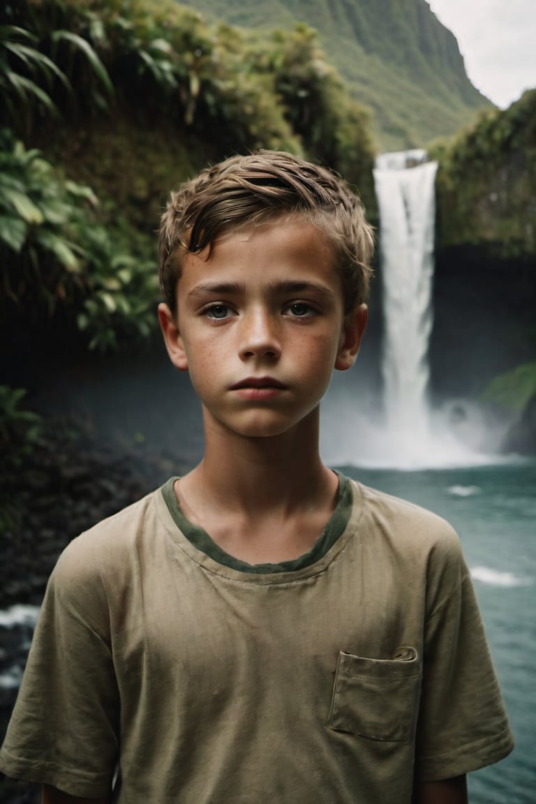 cinematic film still, 15 year old Irish American boy named Steve; pacific island with waterfall in the background, ambient light, Nikon 15mm f/1.8G, by Alessio Albi, by Annie Leibowitz, by Lee Jeffries