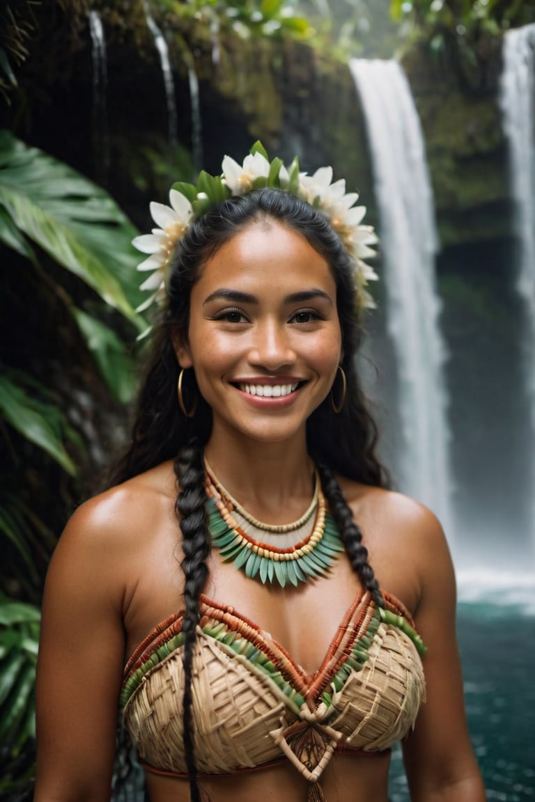 cinematic film still,Portrait of a beautiful 35 year old polynesian woman named Moana, wearing traditional Polynesian clothing, she is smiling; pacific island under waterfall, ambient light, Nikon 15mm f/1.8G, by Alessio Albi, by Annie Leibowitz, by Lee Jeffries