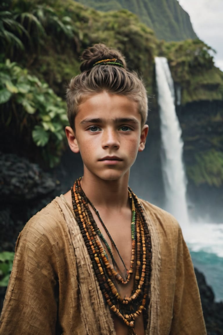 cinematic film still, full shot of 15 year old Irish American boy named Steve, wearing traditional Polynesian clothing; pacific island with waterfall in the background, ambient light, Nikon 15mm f/1.8G, by Alessio Albi, by Annie Leibowitz, by Lee Jeffries