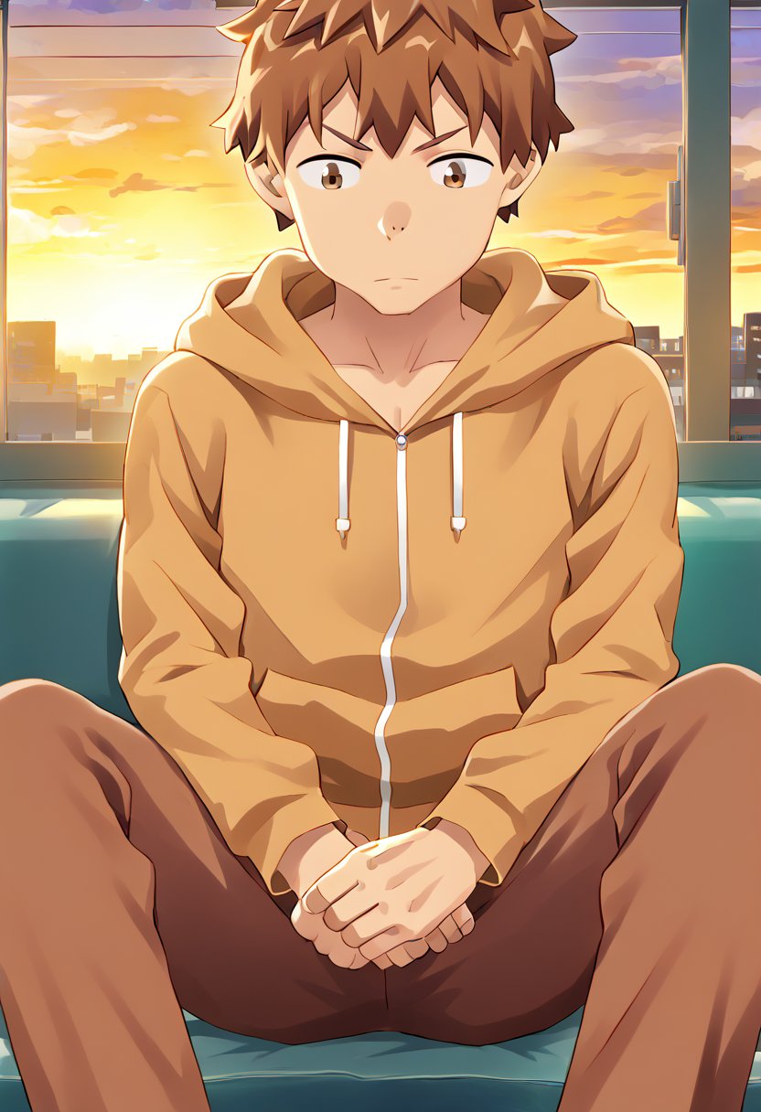 solo, brown hair, 1boy, brown eyes, sitting, jacket, male focus, pants, indoors, spread legs, hood, window, hoodie, looking down, sunset, KINOSHITA KAZUYA