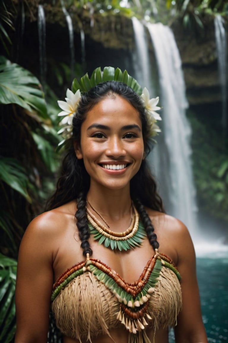 cinematic film still,Portrait of a 35 year old polynesian woman named Moana, wearing traditional Polynesian clothing, she is smiling; pacific island under waterfall, ambient light, Nikon 15mm f/1.8G, by Alessio Albi, by Annie Leibowitz, by Lee Jeffries