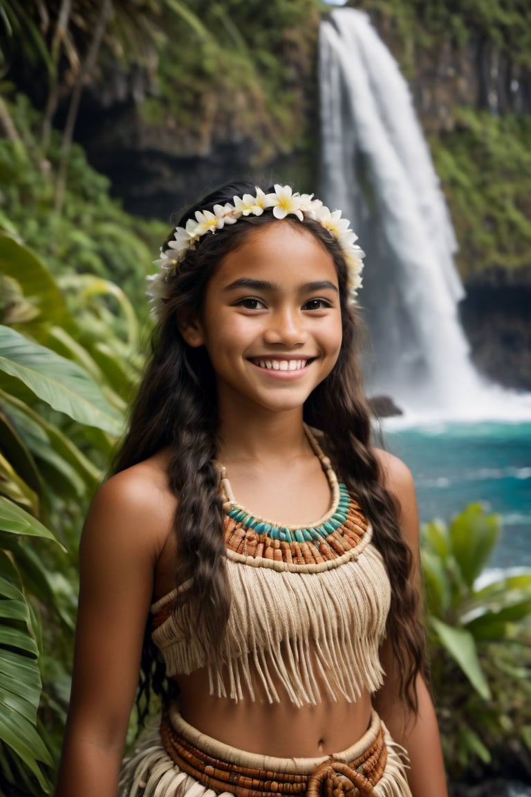 cinematic film still, wide shot of a 15 year old Polynesian girl named Moana, smiling, wearing traditional Polynesian clothing; pacific island with waterfall in the background, ambient light, Nikon 15mm f/1.8G, by Alessio Albi, by Annie Leibowitz, by Lee Jeffries