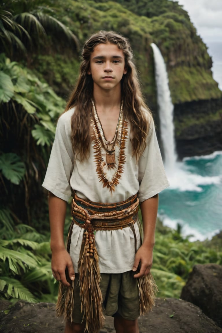 cinematic film still, full body, portrait of 16 year old Irish American teenage boy named Steve, wearing traditional Polynesian clothing, long hair; pacific island with waterfall in the background, ambient light, Nikon 15mm f/1.8G, by Alessio Albi, by Annie Leibowitz, by Lee Jeffries