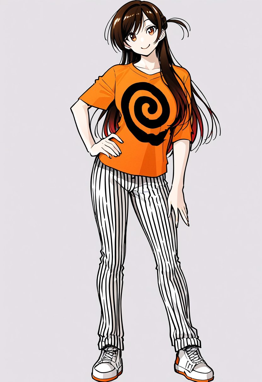 solo, white background, looking at viewer, brown hair, long hair, shirt, 1girl, brown eyes, standing, full body, shoes, striped pants, hand on hip, white footwear, t-shirt, orange shirt, spiral print shirt, smile, sneakers, mizuhara chizuru