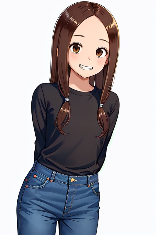 1girl, solo, long hair, looking at viewer, smile, bangs, simple background, brown hair, shirt, long sleeves, white background, brown eyes, sidelocks, pants, grin, parted bangs, black shirt, arms behind back, denim, forehead, jeans, blue pants, aatakagi,