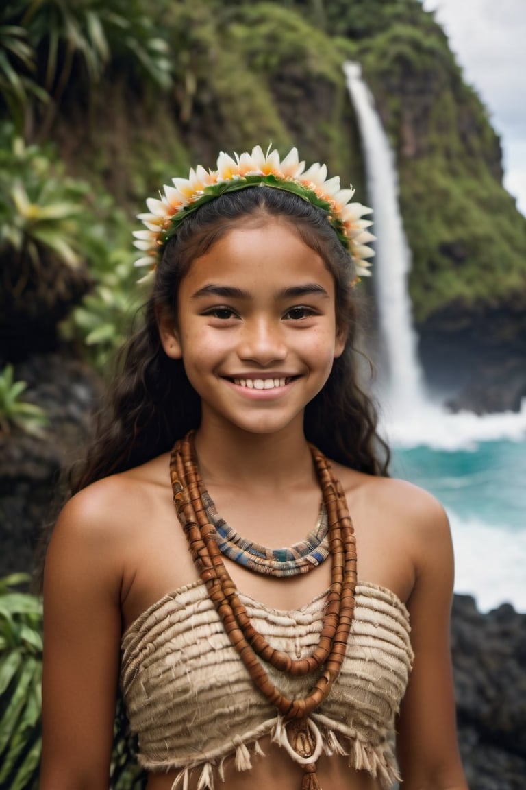 cinematic film still,Portrait of a 14 year old  polynesian teenage girl named Moana, wearing traditional Polynesian clothing, smiling; pacific island with waterfall in the background, ambient light, Nikon 15mm f/1.8G, by Alessio Albi, by Annie Leibowitz, by Lee Jeffries