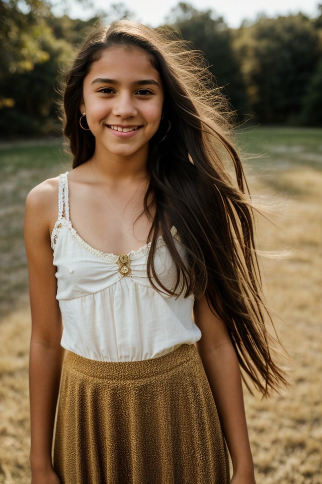 a 12 year old Latina girl, (((12yo))), cute preteen girl with dark brown hair, and expressive eyes. She has a slender figure, Full body, brown eyes, , her expression joyful, open smile, a natural elegance in her bearing. Rosa is a strong and determined girl, just like her mother. She is passionate and loving, but can also be stubborn. She has a major crush on her childhood friend 13 year old Irish American boy named Zach. She dresses in clothing, ((a long dress and a long skirt)), 1girl, full body, masterpiece, best quality, high resolution, 8K, HDR, bloom, raytracing, detailed shadows, bokeh, depth of field, film photography, film grain, glare, (wind:0.8), detailed hair, ultra detailed eyes, cinematic lighting, (hyperdetailed:1.15),