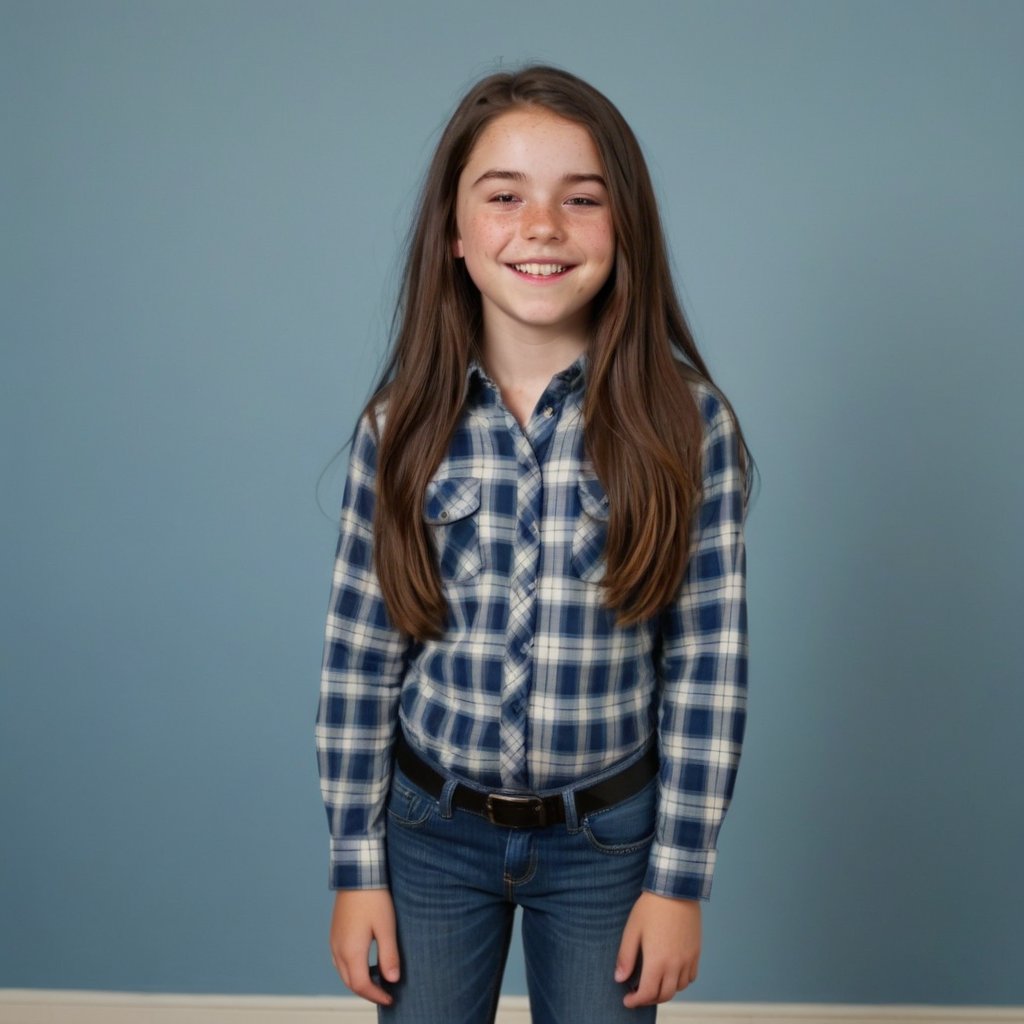 Zoey, an 11-year-old girl with long, dark brown hair and bright eyes, beaming with a big wide open smile in a clean and modern school photo backdrop, her plaid button down shirt pops against soft features. Wearing pants and sneakers, Full body, Freckles on her nose and a subtle crease on her forehead. As a closeted trans person who wants to be a boy, Zoey's presence takes center stage amidst blurred background colors. A gentle flush rises to her cheeks as she thinks of her childhood friend Zach, the object of her secret crush. Upper body 
