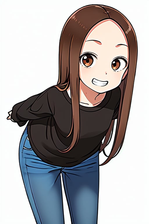 1girl, solo, long hair, looking at viewer, smile, bangs, simple background, brown hair, shirt, long sleeves, white background, brown eyes, sidelocks, pants, grin, parted bangs, black shirt, leaning forward, arms behind back, denim, forehead, jeans, blue pants, Takagi-san, 13 years old 