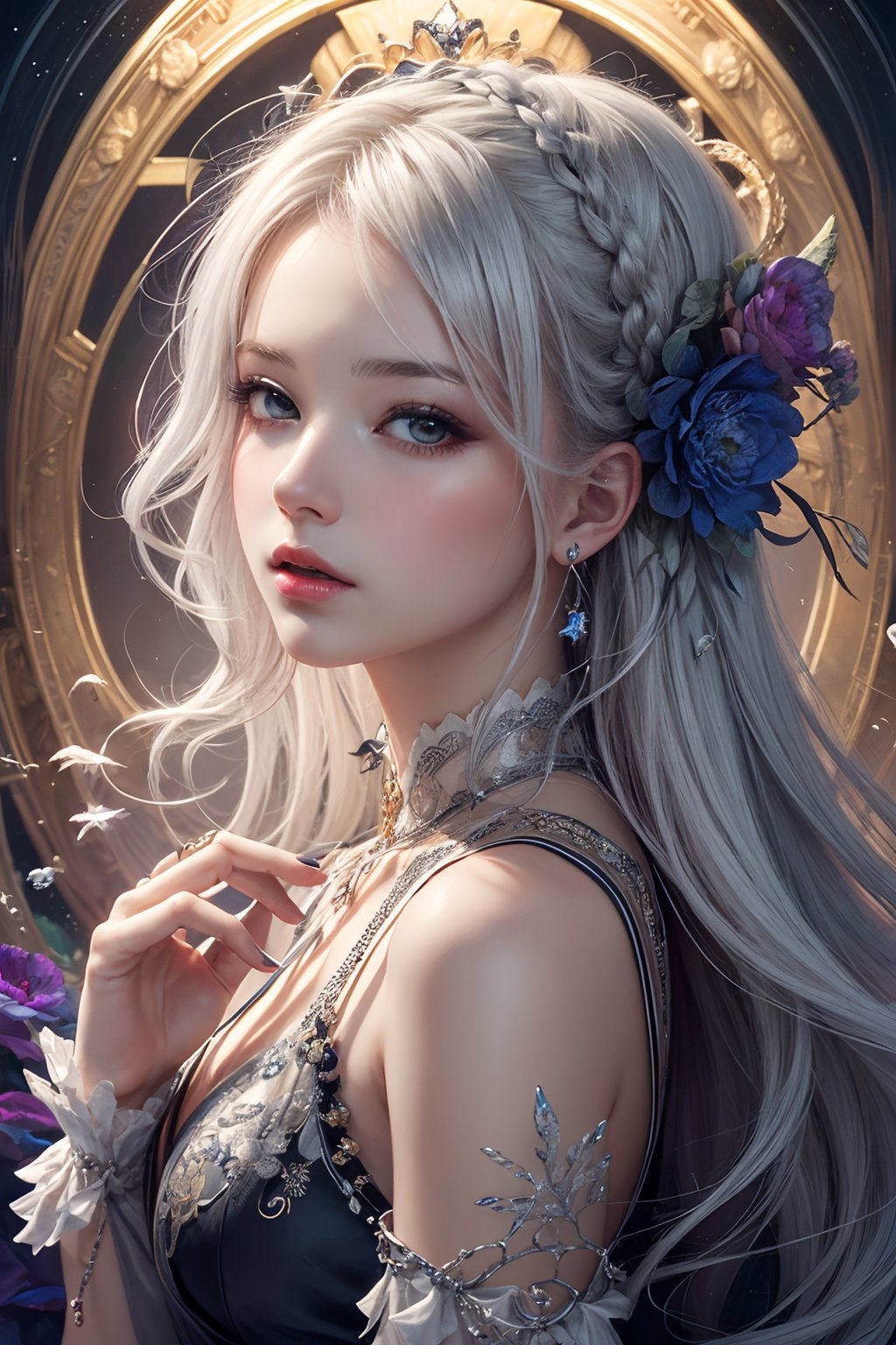 (masterpiece, top quality, best quality, official art, beautiful and aesthetic:1.2), (1girl), extreme detailed,(fractal art:1.3),colorful,highest detailed, perfect finger, bright silver hair