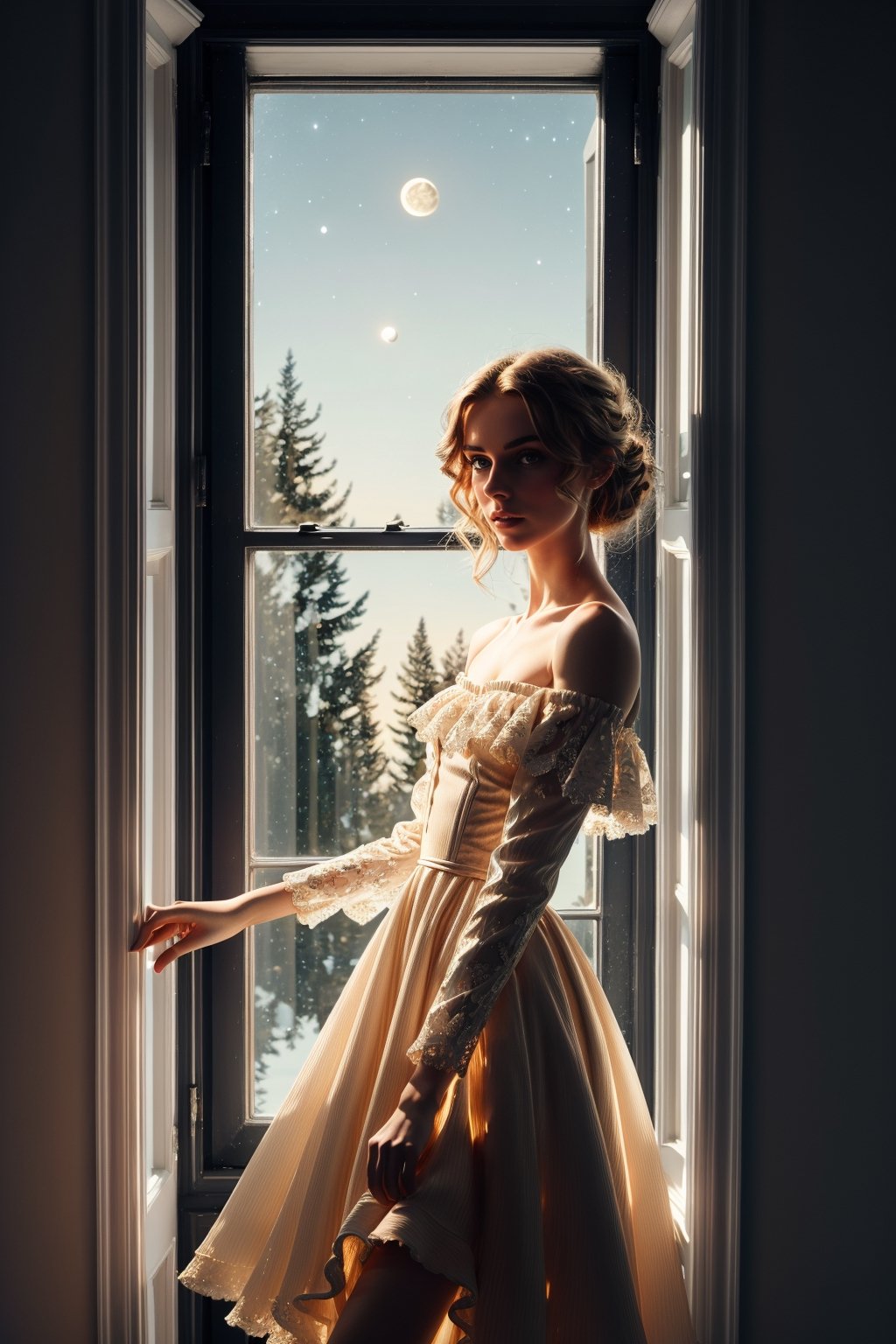 masterpiece, 8k, 1 girl - key lighting, dress, detailed face, off shoulder, dynamic move, windows, moon,