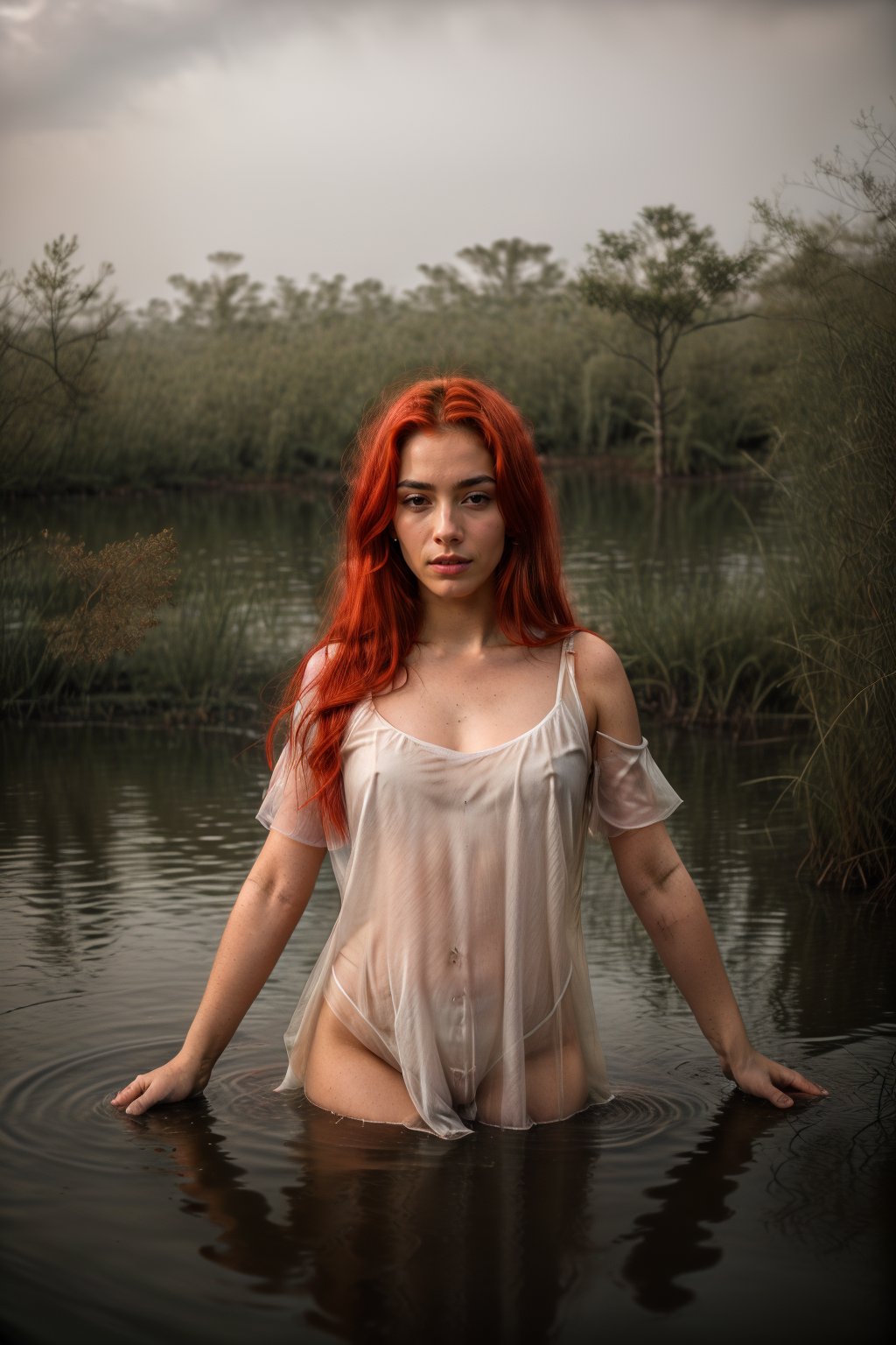 Realistic image of a girl with red hair, white skin, black eyes and a calm expression, wearing a transparent nightgown, in a wide swamp at dusk. The scene captures stagnant water and lots of mud, with some reptiles visible. The environment is shrouded in fog, contributing to a mysterious and gloomy atmosphere. Subtle reflections in the water add depth to the composition