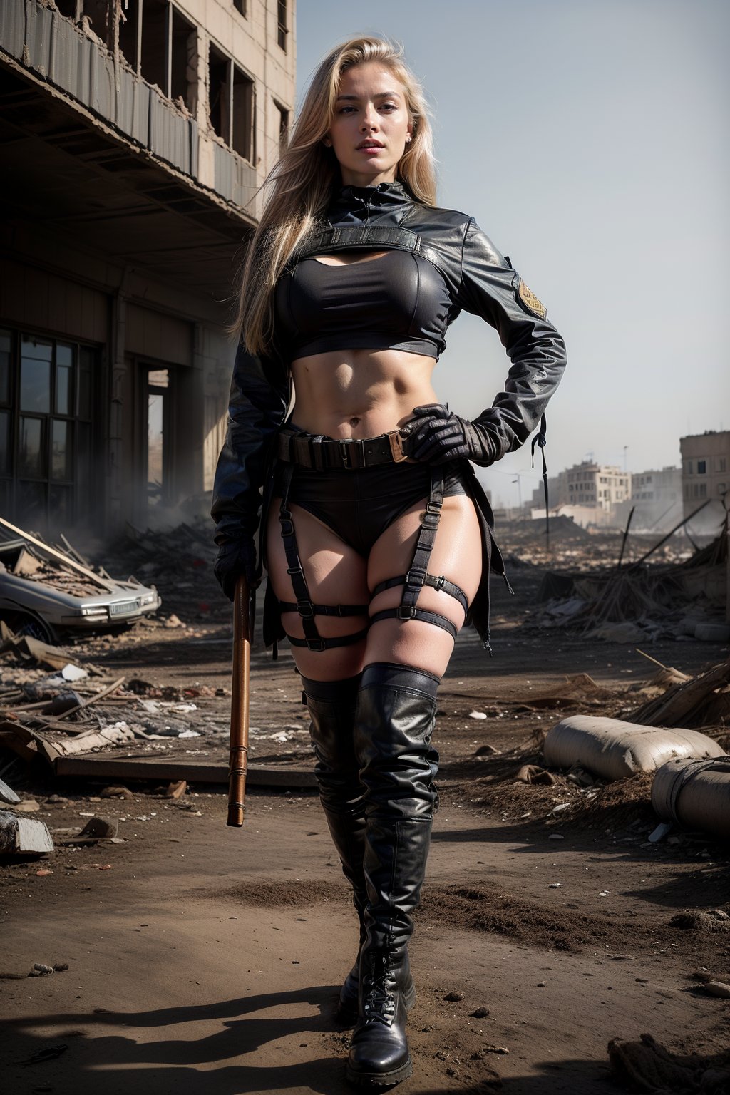 A stunning Ukrainian woman, with flowing blonde hair and striking blue eyes, stands amidst the rubble of a war-torn city. She wears a form-fitting, tactical black outfit that accentuates her curves, with combat boots and gloves. Her outfit is both practical and sensual, adorned with utility belts and gear that highlight her readiness for battle. Her skin glistens with a mixture of sweat and dirt, showcasing her resilience and strength. She carries a rifle slung over her shoulder and has a determined yet alluring expression. The background is filled with destroyed buildings and smoky skies, highlighting the chaos around her, while she remains a captivating and fierce figure of beauty and strength.