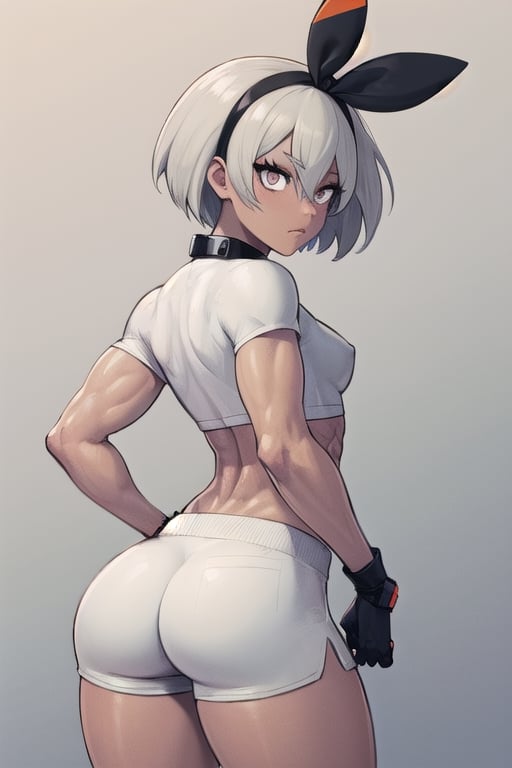 (masterpiece, best quality, ultra-detailed), 1girl, solo, eyelashes, full_face, absurdres, big_butt, wide_hips, thick_thighs, muscular, pokemonbea, silver_eyes, dark_skin, dark-skinned_female, grey_hair, hair_between_eyes, short_hair, ribbon, hair_ribbon, hairband, black ribbon, black_hairband, black_bodysuit, covered_navel, shorts, single_glove, glove, crop_top, white crop_top, short_sleeves, collar, white_shorts, from_behind, small_breasts, abs, muscular_female, devilhs,