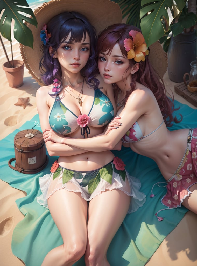 ((best quality)), ((highly detailed)), masterpiece, absurdres, detailed face, beautiful face, (detailed eyes, deep eyes), (2girl), cowboy shot, leaf clothing, ((coconutbra)), coconut, hug,  collarbone, leaf skirt, ((flower necklace, lei)), ((flower in hair)),  at a beach, palm trees, waves, lora:concept_sunbathing:1, sunbathing, lying, beach towel, beach umbrella, tropical drink, (from above), shell bikini
