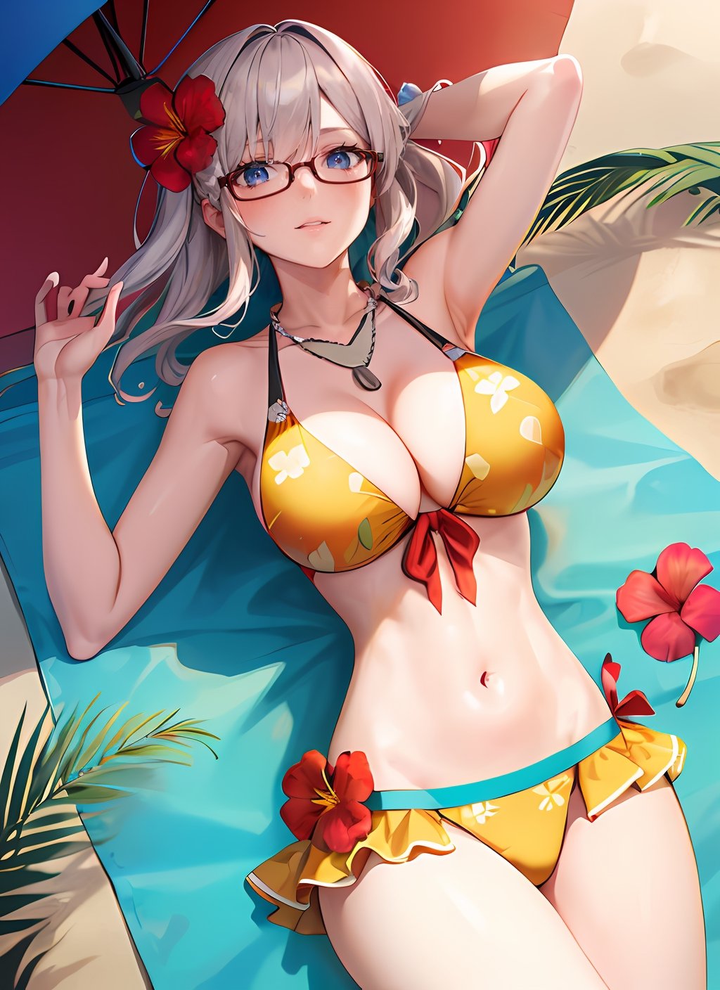 ((best quality)), ((highly detailed)), masterpiece, absurdres, detailed face, beautiful face, (detailed eyes, deep eyes), (1girl), (glasses), cowboy shot, leaf clothing, ((coconutbra)), coconut, collarbone, leaf skirt, ((flower necklace, lei)), ((flower in hair)),  at a beach, palm trees, waves, lora:concept_sunbathing:1, sunbathing, lying, beach towel, beach umbrella, tropical drink, (from above), shell bikini
