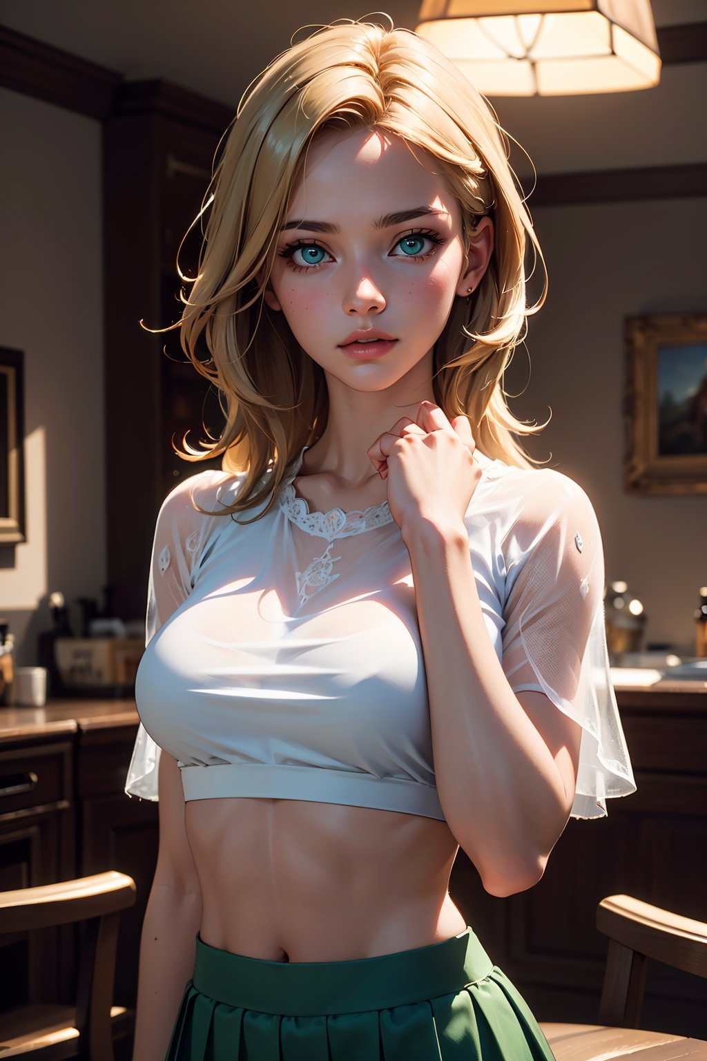 ((Crop Top,Sheer Skirt)),  ((masterpiece)), (high quality), (best quality), (detailed), hd, perfect lighting, detailed face, detailed body, , mesh, (22 years old Latina woman), medium breast, normal waist, dark golden blonde hair glamour, (green detailed eyes), beautiful face, perfect illumination, beautiful detailed eyes, looking at viewer, stunningly beautiful woman, detailed hairstyle, good hands, detailed hands, good feet, (8k, RAW photo, best quality, masterpiece:1.2), (realistic, photo-realistic:1.37), ultra high res, photon mapping, radiosity, physically-based rendering, (ambient light:1.3), (cinematic composition:1.0),professional soft lighting, light on face, lora:LyingBustupShot_v1:0.7
