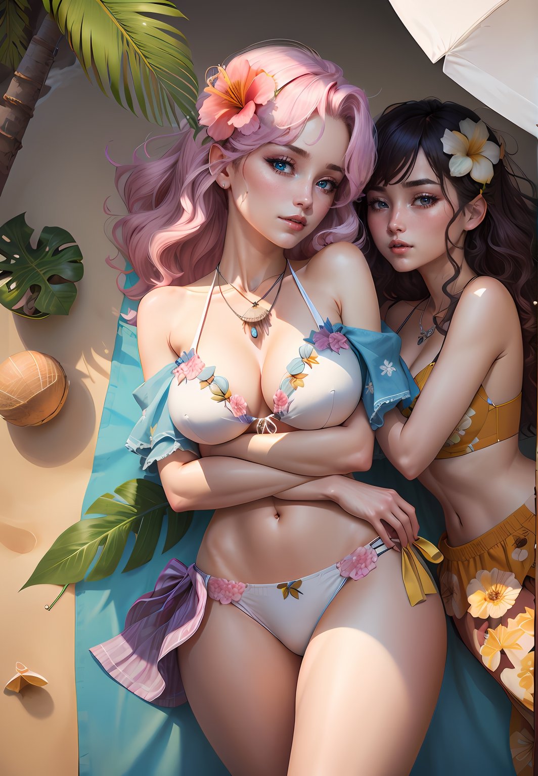 ((best quality)), ((highly detailed)), masterpiece, absurdres, detailed face, beautiful face, (detailed eyes, deep eyes), (2girl), cowboy shot, leaf clothing, ((coconutbra)), coconut, hug,  collarbone, leaf skirt, ((flower necklace, lei)), ((flower in hair)),  at a beach, palm trees, waves, lora:concept_sunbathing:1, sunbathing, lying, beach towel, beach umbrella, tropical drink, (from above), shell bikini
