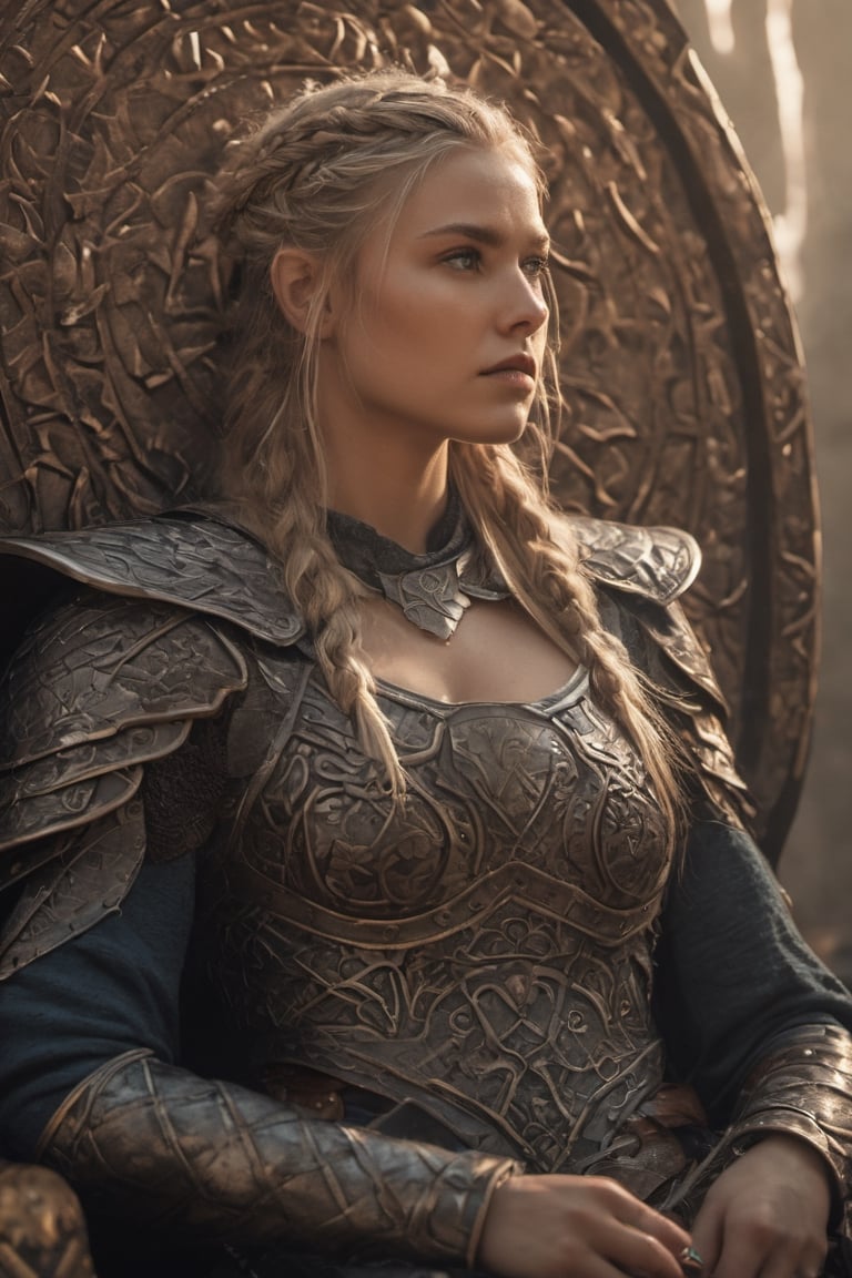 a close up of a nordic woman sitting on a throne, concept art, Artstation contest winner,  still from a fantasy movie, fantasy movie still, Viking woman, shield maiden, 4k detail fantasy, valkyrie, painted portrait of freya, Norse goddess, braided hair, female goddess svarog portrait, elden ring cinematic lighting
