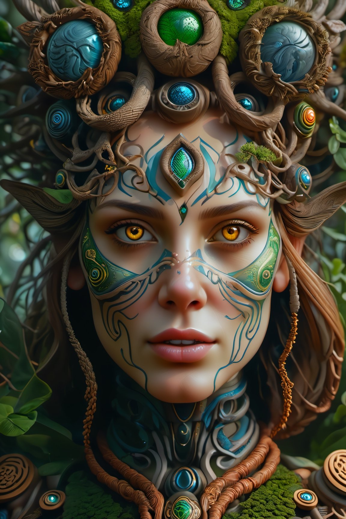 (best quality,highres:1.2), ultra-detailed, realistic, professional, surreal, psychedelic, highly detailed digital painting, mid shot, Celtic female druid, face, detailed eyes, detailed lips, intricate, elegant, lithe, smooth, sharp focus, ArtStation, concept art, illustration, colourful, vibrant, dynamic lighting