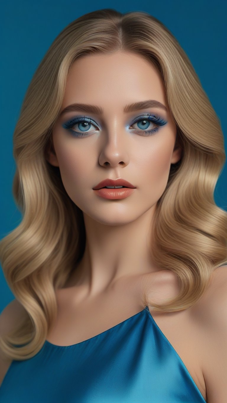 A young Caucasian woman with long blonde hair, wearing bright blue eyeshadow and a blue satin dress, posing against a blue background,<lora:659095807385103906:1.0>