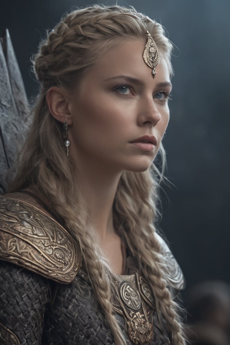 a close up of a nordic woman sitting on a throne, concept art, Artstation contest winner,  still from a fantasy movie, fantasy movie still, Viking woman, shield maiden, 4k detail fantasy, valkyrie, painted portrait of freya, Norse goddess, braided hair, female goddess svarog portrait, elden ring cinematic lighting
