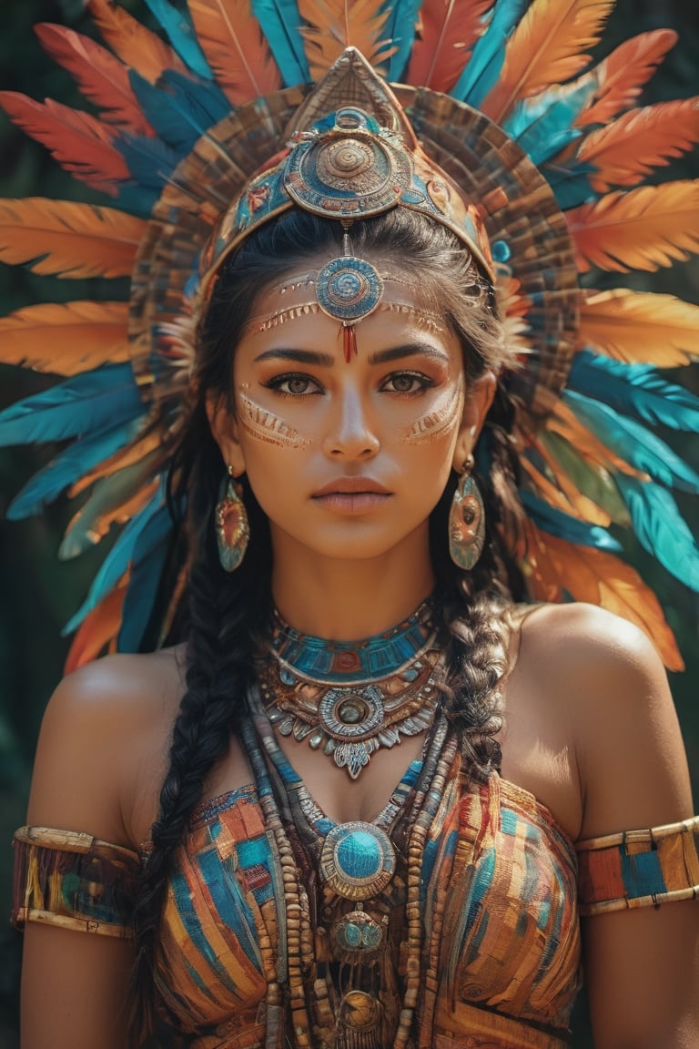 a mid-body shot of a Mayan priestess, with hazel eyes, a Mayan warrior goddess, a Mayan princess portrait, a Mayan sun goddess, wearing a Mayan dress, dynamic pose, psychedelic colour background, colourful digital fantasy art, soft film grading, cinematic, 8k highly detailed digital art, beautiful digital artwork, photo real, depth of filed, (high detailed skin:1.2), realistic eyes, 8k UHD,  DSLR,  soft lighting,  high quality,aesthetic portrait