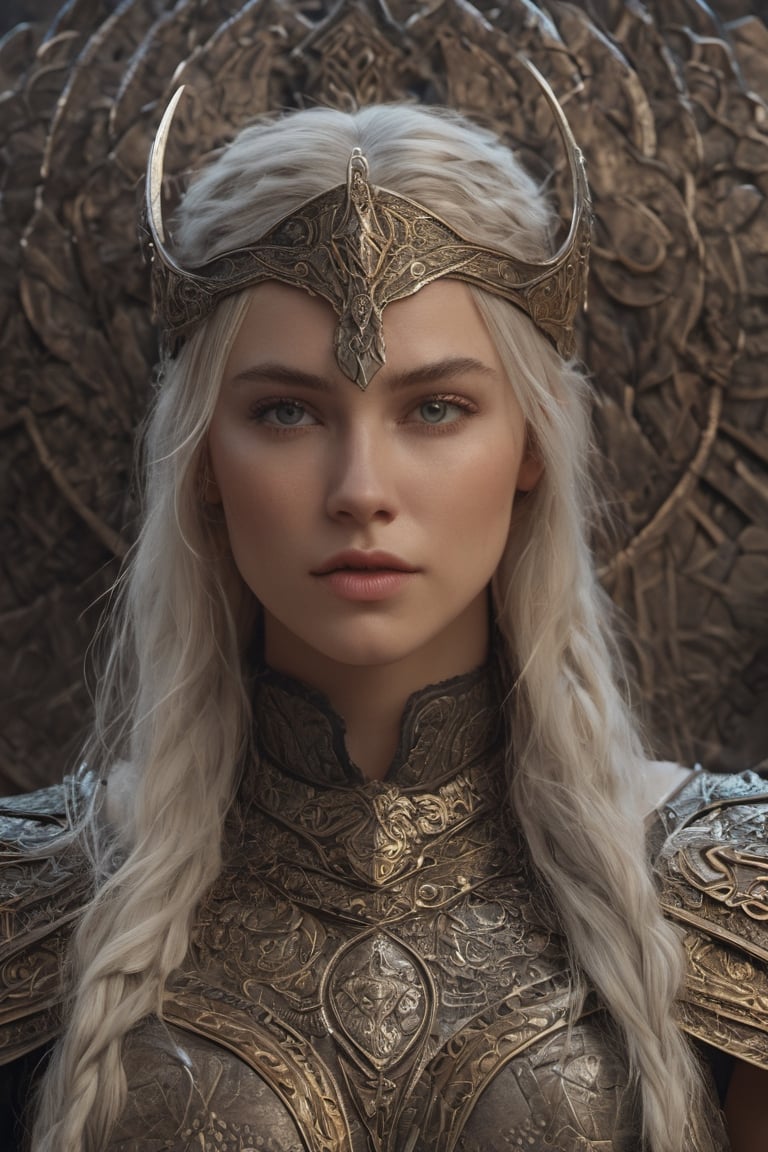 a close up of a nordic woman sitting on a throne, concept art, Artstation contest winner,  still from a fantasy movie, fantasy movie still, Viking woman, shield maiden, 4k detail fantasy, valkyrie, painted portrait of freya, Norse goddess, braided hair, female goddess svarog portrait, elden ring cinematic lighting
