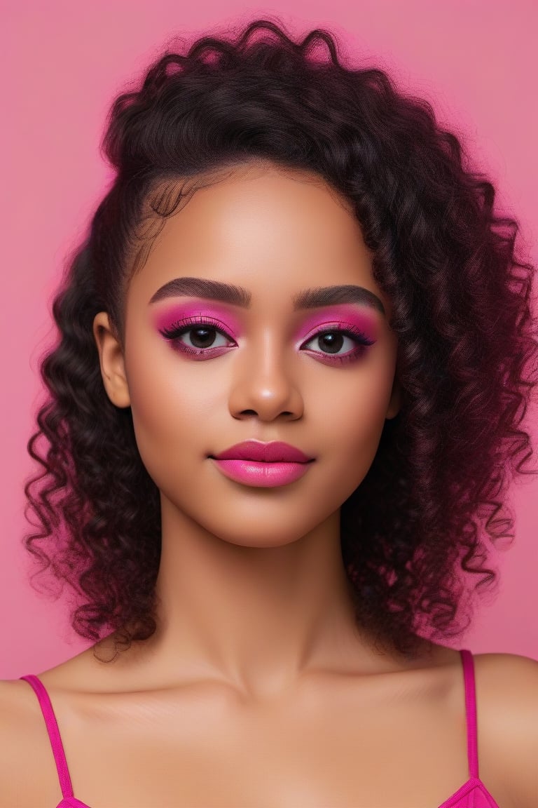 A young African woman with curly dark hair wearing a black top, and bold pink eyeshadow, looking directly at the camera with a warm, friendly smile,<lora:659095807385103906:1.0>