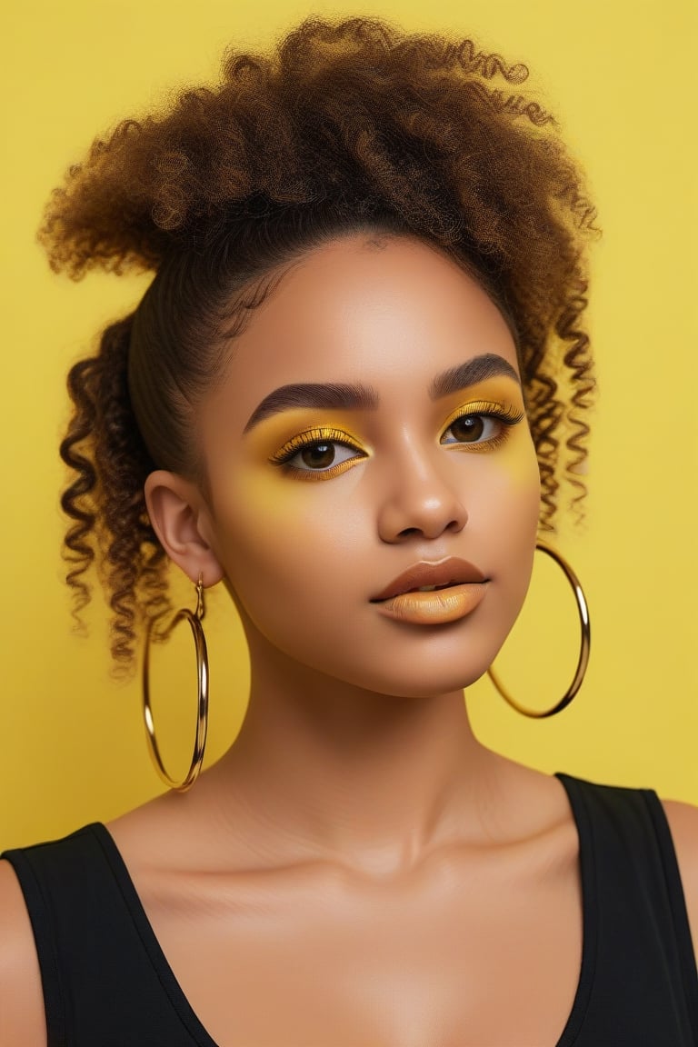 A young African woman with curly dark hair wearing a black top, and wearing large hoop earrings, with bold yellow eyeshadow, looking directly at the camera with a warm, friendly smile
,<lora:659095807385103906:1.0>