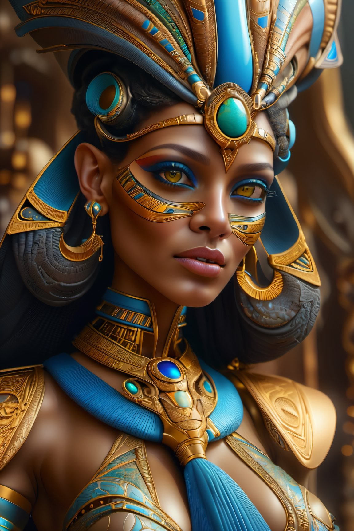 (best quality,highres:1.2), ultra-detailed, realistic, professional, surreal, psychedelic, highly detailed digital painting, mid shot, Egyptian female pharaoh, face, detailed eyes, detailed lips, intricate, elegant, lithe, smooth, sharp focus, ArtStation, concept art, illustration, colourful, vibrant, dynamic lighting